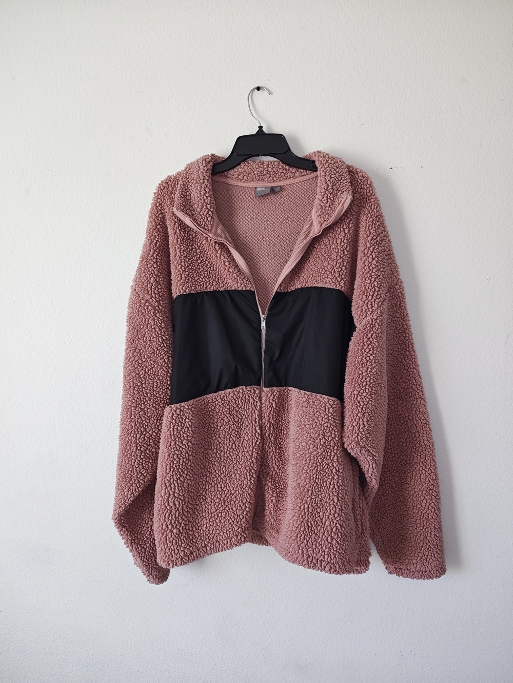 ASOS Dusty Pink Sherpa Jacket with Black Chest Panel